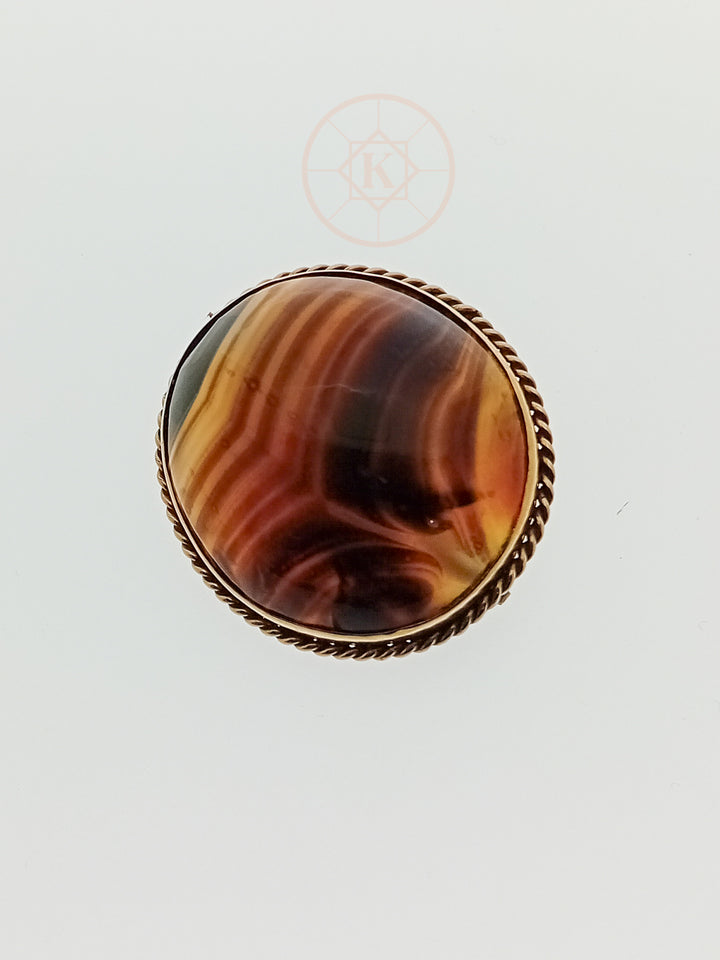 Antique c.1900 9ct gold banded agate brooch