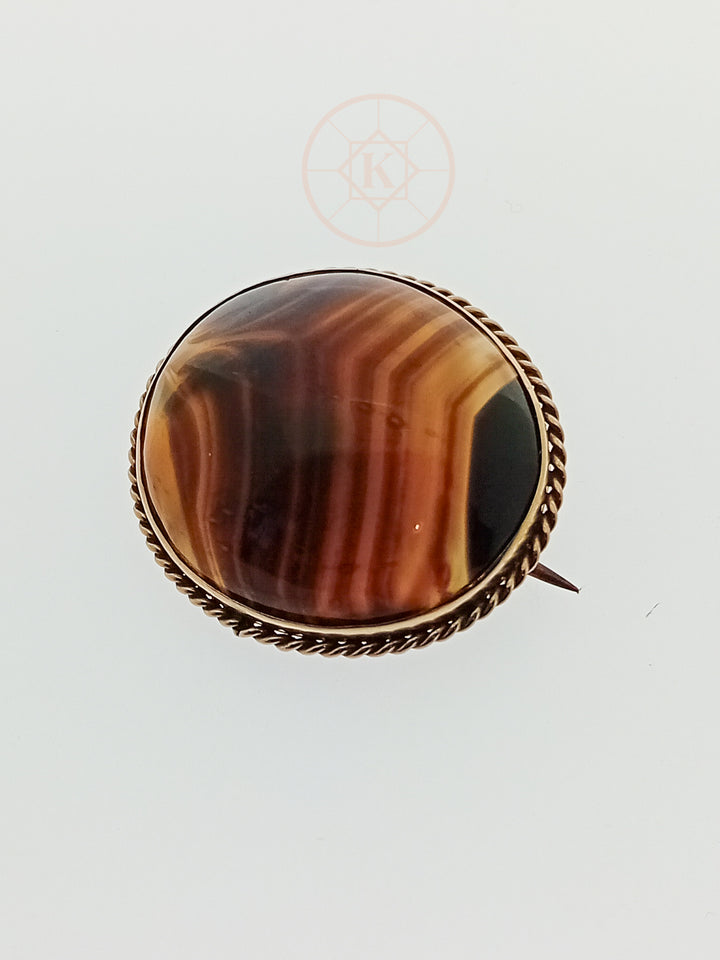 Antique c.1900 9ct gold banded agate brooch