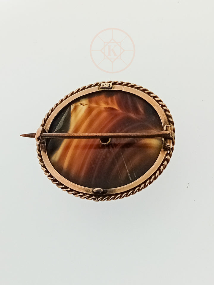 Antique c.1900 9ct gold banded agate brooch