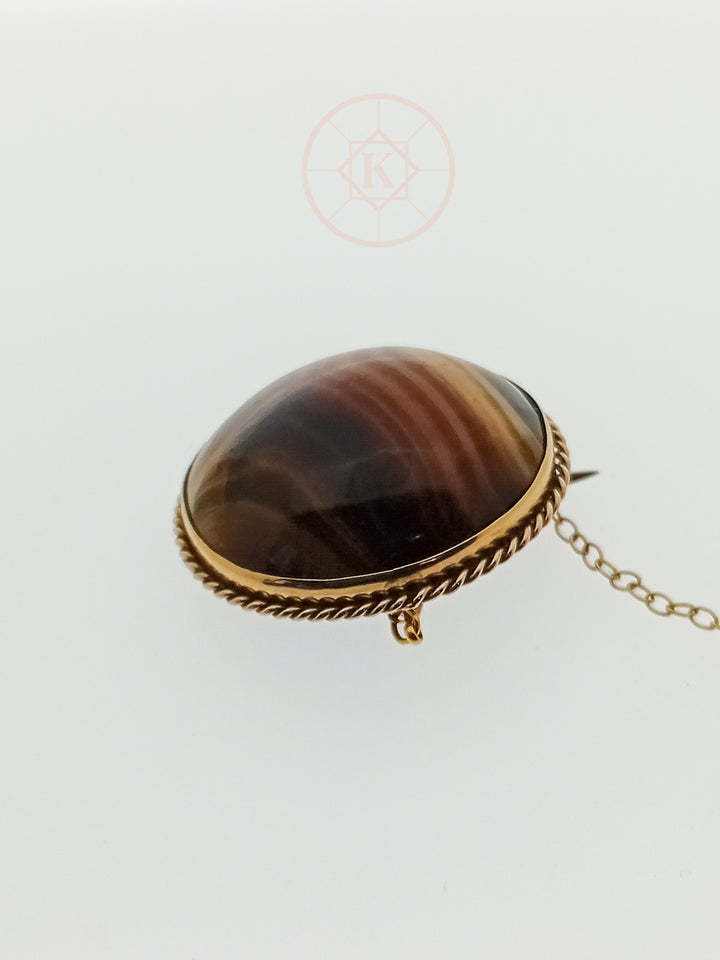 Antique c.1900 9ct gold banded agate brooch