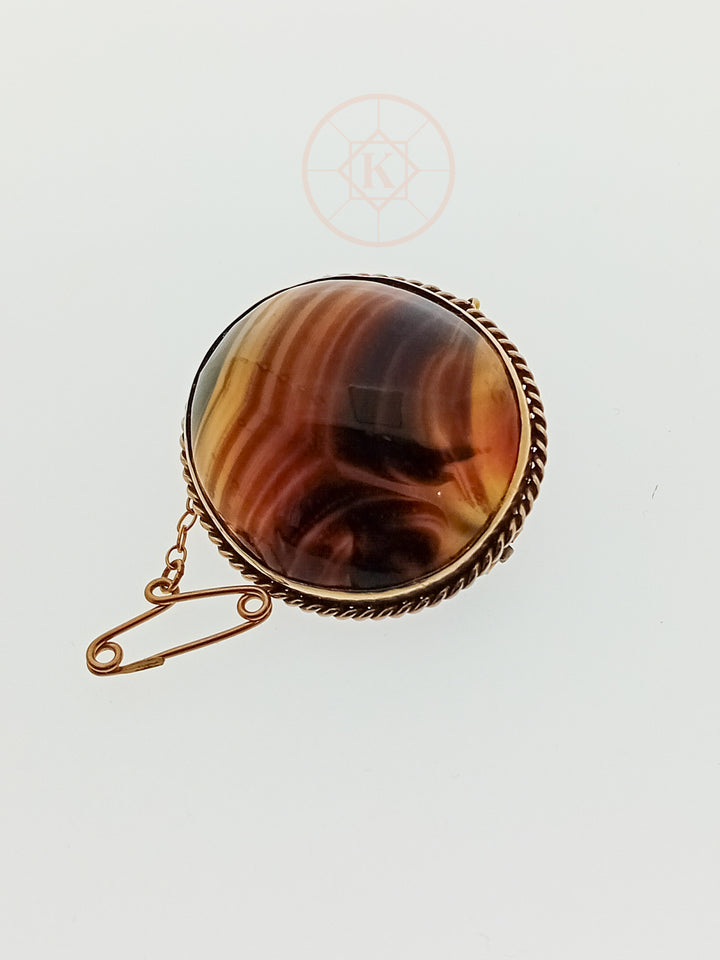 Antique c.1900 9ct gold banded agate brooch