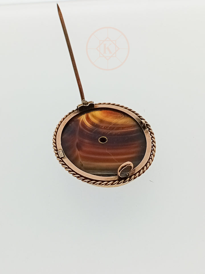 Antique c.1900 9ct gold banded agate brooch
